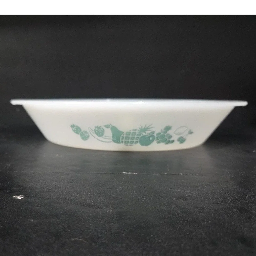 Glasbake‎ Divided Casserole Dish J-2352, Aqua Turquoise Fruit Design Milk Glass